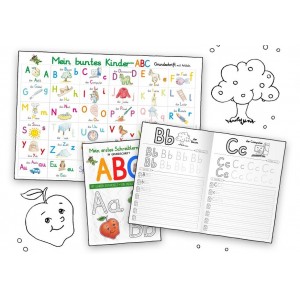 Mein buntes Kinder-ABC Grundschrift mit Artikeln Lernposter DIN A4 laminiert + Schreiblernheft DIN A5, 2 Teile. 